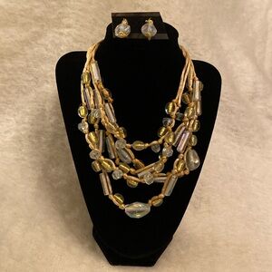 Gold Glass Bead Necklace and Earring Set